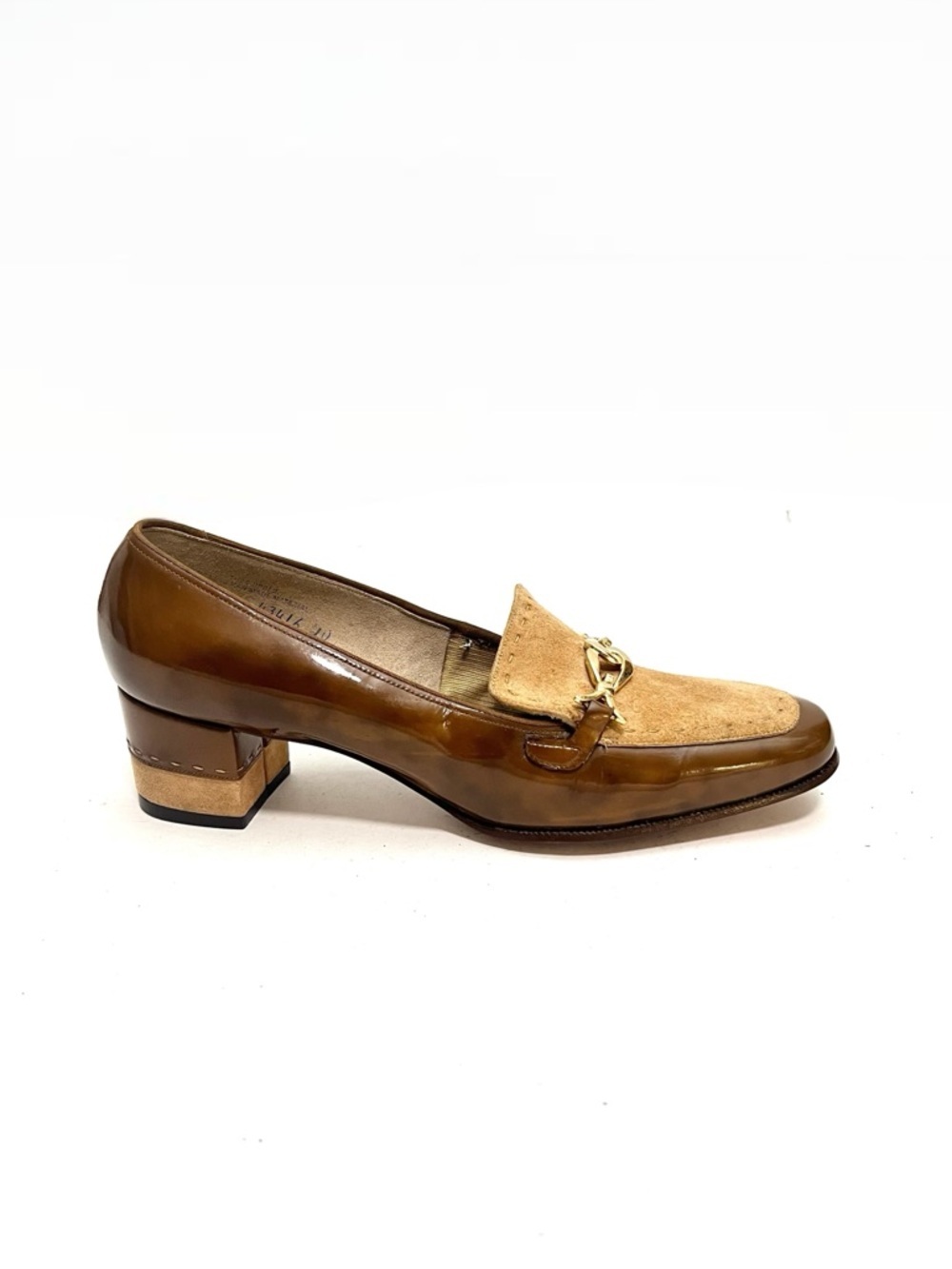 Vintage 1970s brown tortoise shell patent leather suede vamp heeled loafers